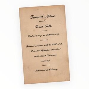 Antique Funeral Notice Frank Fulk Methodist Episcopal Church Ephemera